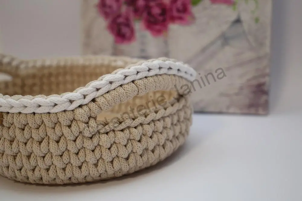 HoJa Háčkovaný košík - ovál 32x20 cm béžová, bílý lem