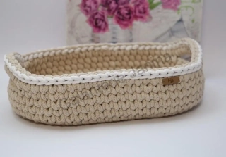 HoJa Háčkovaný košík - ovál 32x20 cm béžová, bílý lem